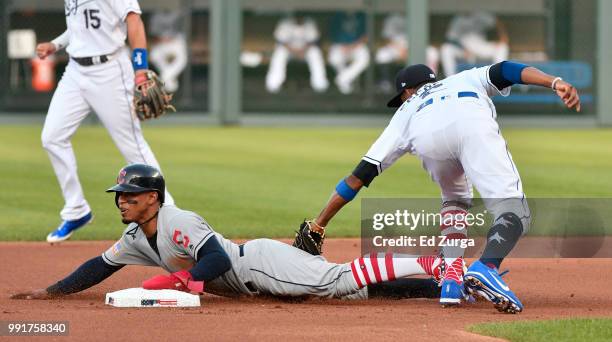 Francisco Lindor of the Cleveland Indians steals second base ahead of the tag of Alcides Escobar of the Kansas City Royals in the first inning at...