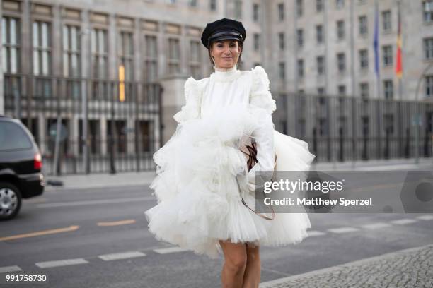 Luisa Verfuerth is seen attending Danny Reinke wearing Danny Reinke during the Berlin Fashion Week July 2018 on July 4, 2018 in Berlin, Germany.