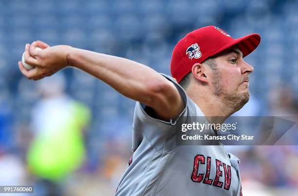 Cleveland Indians starting pitcher Trevor Bauer throws against the Kansas City Royals on Wednesday, July 4 at Kauffman Stadium in Kansas City, Mo.