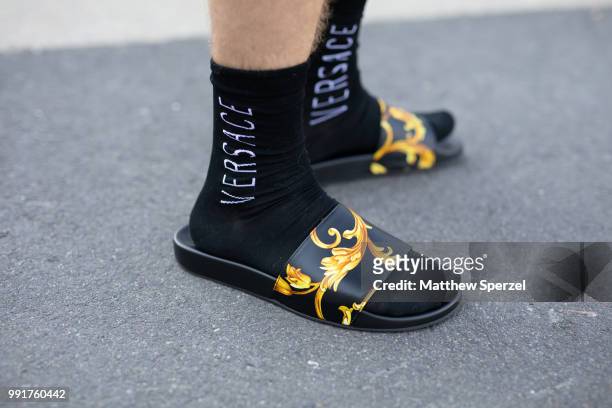 Riccardo Simonetti is seen attending RIANI wearing Versace during the Berlin Fashion Week July 2018 on July 4, 2018 in Berlin, Germany.