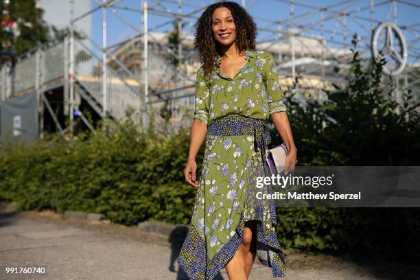 Annabelle Mandeng is seen attending RIANI wearing RIANI during the Berlin Fashion Week July 2018 on July 4, 2018 in Berlin, Germany.