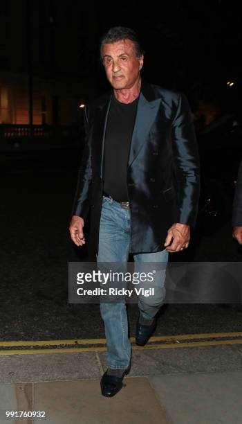 Sylvester Stallone seen arriving back at his hotel in London after a night out with daughters at Annabel's on July 4, 2018 in London, England.
