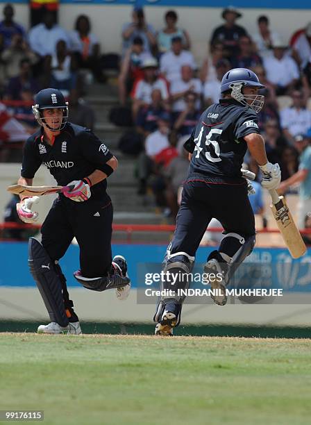England cricketers Craig Kieswetter and Michael Lumb take a run during the ICC World Twenty20 first semifinal match between Sri Lanka and England at...