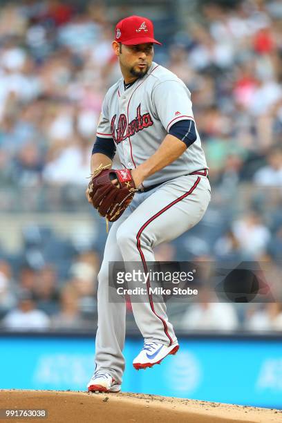 Anibal Sanchez of the Atlanta Braves in action against the New York Yankees at Yankee Stadium on July 2, 2018 in the Bronx borough of New York City....