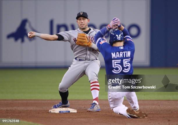 Asdrubal Cabrera of the New York Mets gets the force out of Russell Martin of the Toronto Blue Jays at second base but cannot turn the double play in...