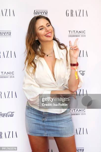 Model Carina Zavline during the Grazia Pink Hour at Titanic Hotel on July 4, 2018 in Berlin, Germany.