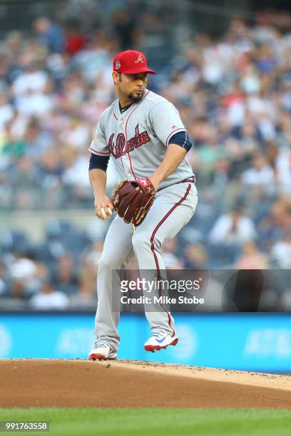 Anibal Sanchez of the Atlanta Braves in action against the New York Yankees at Yankee Stadium on July 2, 2018 in the Bronx borough of New York City....