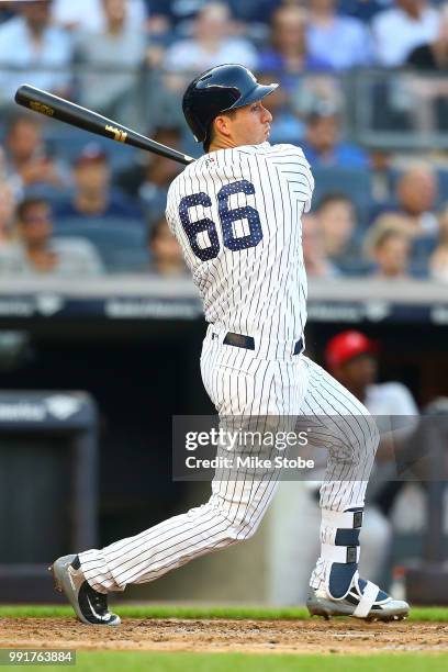 Kyle Higashioka of the New York Yankees in action against the Atlanta Braves at Yankee Stadium on July 2, 2018 in the Bronx borough of New York City....