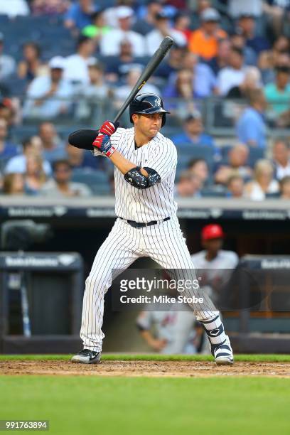 Kyle Higashioka of the New York Yankees in action against the Atlanta Braves at Yankee Stadium on July 2, 2018 in the Bronx borough of New York City....