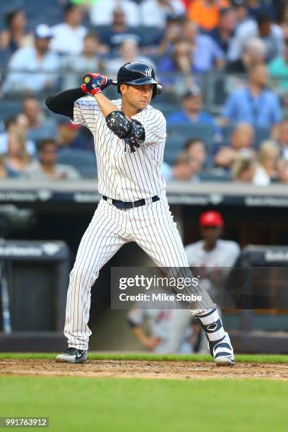 Kyle Higashioka of the New York Yankees in action against the Atlanta Braves at Yankee Stadium on July 2, 2018 in the Bronx borough of New York City....