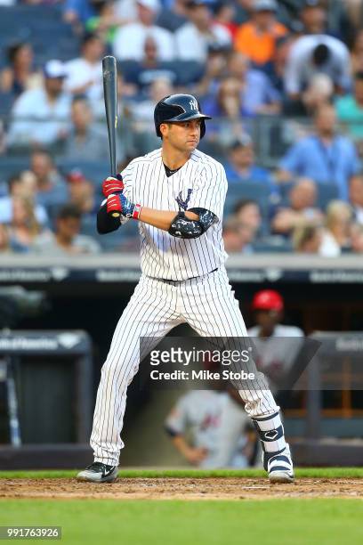 Kyle Higashioka of the New York Yankees in action against the Atlanta Braves at Yankee Stadium on July 2, 2018 in the Bronx borough of New York City....