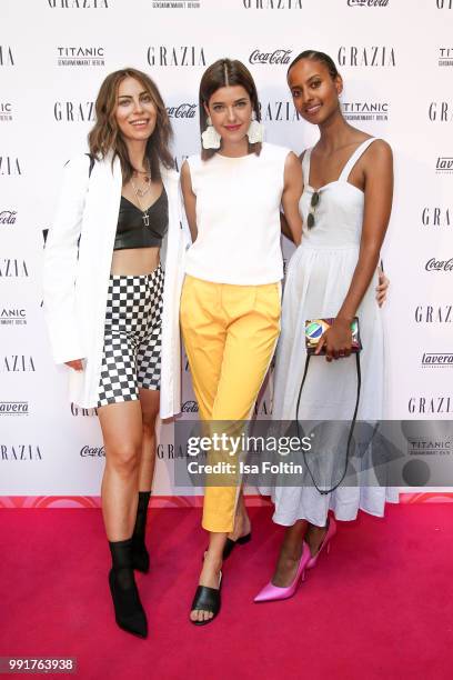 Masha Sedgwick, Marie Nasemann and Sara Nuru during the Grazia Pink Hour at Titanic Hotel on July 4, 2018 in Berlin, Germany.