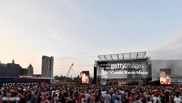 Carrie Underwood performs on stage at the Spotify's Hot Country Live Series with Carrie Underwood, Dan + Shay and Filmore at Pier 17 on July 4, 2018...