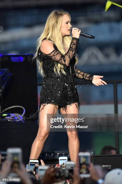 Carrie Underwood performs on stage at the Spotify's Hot Country Live Series with Carrie Underwood, Dan + Shay and Filmore at Pier 17 on July 4, 2018...