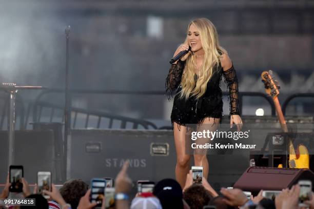 Carrie Underwood performs on stage at the Spotify's Hot Country Live Series with Carrie Underwood, Dan + Shay and Filmore at Pier 17 on July 4, 2018...