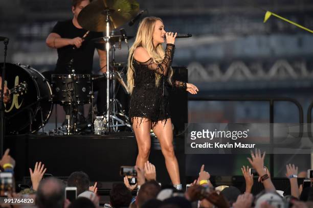 Carrie Underwood performs on stage at the Spotify's Hot Country Live Series with Carrie Underwood, Dan + Shay and Filmore at Pier 17 on July 4, 2018...