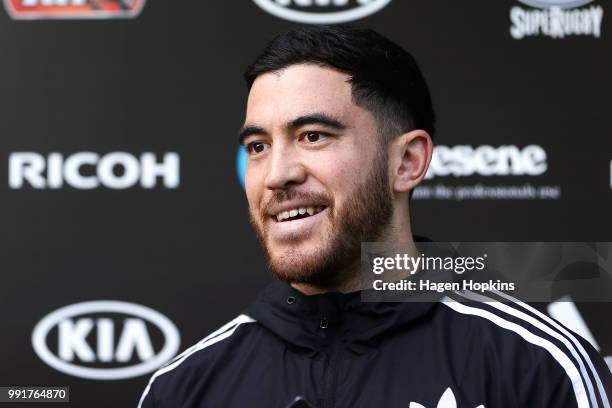 Nehe Milner-Skudder talks to media during a Hurricanes Super Rugby training session at Rugby League Park on July 5, 2018 in Wellington, New Zealand.