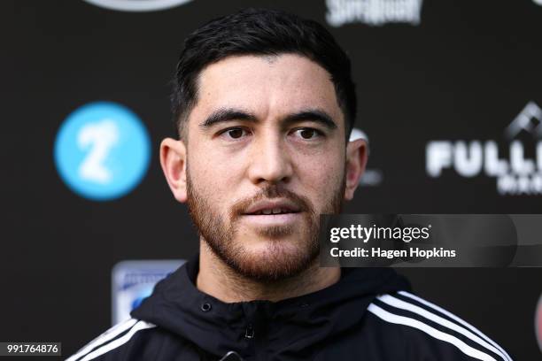 Nehe Milner-Skudder talks to media during a Hurricanes Super Rugby training session at Rugby League Park on July 5, 2018 in Wellington, New Zealand.