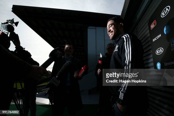 Nehe Milner-Skudder talks to media during a Hurricanes Super Rugby training session at Rugby League Park on July 5, 2018 in Wellington, New Zealand.