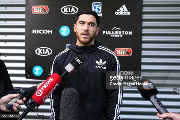 Nehe Milner-Skudder talks to media during a Hurricanes Super Rugby training session at Rugby League Park on July 5, 2018 in Wellington, New Zealand.