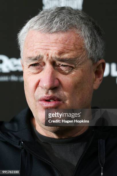 Coach Chris Boyd talks to media during a Hurricanes Super Rugby training session at Rugby League Park on July 5, 2018 in Wellington, New Zealand.