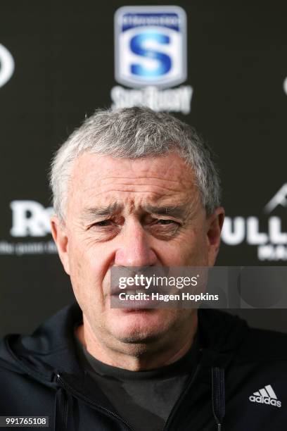 Coach Chris Boyd talks to media during a Hurricanes Super Rugby training session at Rugby League Park on July 5, 2018 in Wellington, New Zealand.