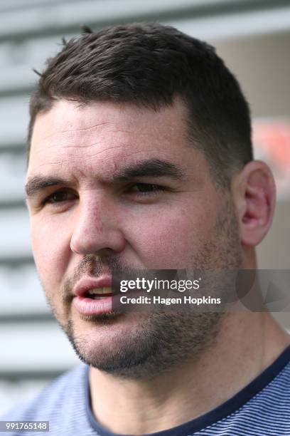 Ben May talks to media during a Hurricanes Super Rugby training session at Rugby League Park on July 5, 2018 in Wellington, New Zealand.