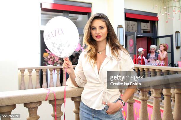 Model Carina Zavline during the Grazia Pink Hour at Titanic Hotel on July 4, 2018 in Berlin, Germany.