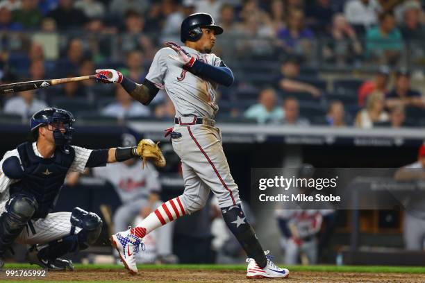 Johan Camargo of the Atlanta Braves in action against the New York Yankees at Yankee Stadium on July 2, 2018 in the Bronx borough of New York City....