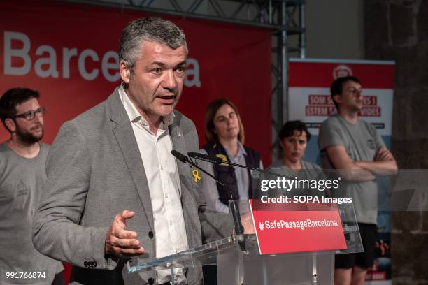 Oriol Amorós is seen during his speech at the press conference. Following the arrival in Barcelona of the rescue vessel Open Arms, Óscar Camps,...