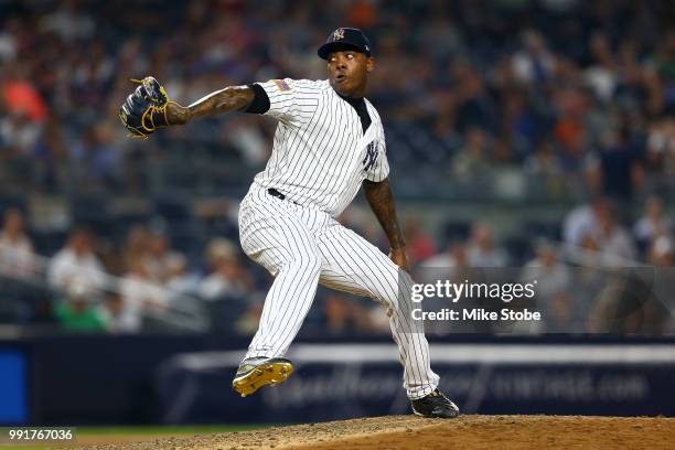 Aroldis Chapman of the New York Yankees in action against the Atlanta Braves at Yankee Stadium on July 2, 2018 in the Bronx borough of New York City....