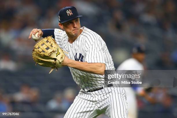 Greg Bird of the New York Yankees in action against the Atlanta Braves at Yankee Stadium on July 2, 2018 in the Bronx borough of New York City....