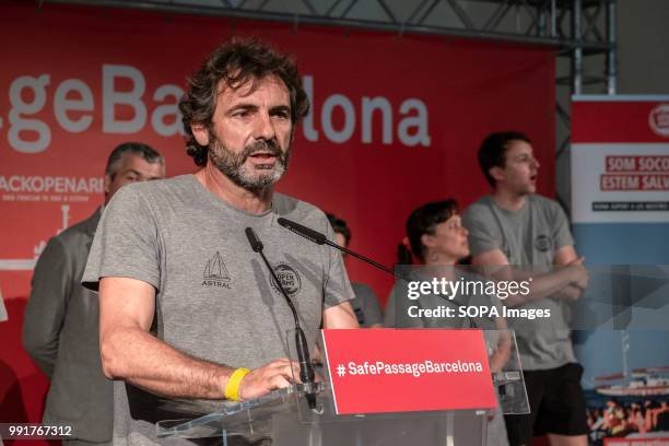 Óscar Camps, leader of ProActiva Open Arms is seen during the press conference. Following the arrival in Barcelona of the rescue vessel Open Arms,...