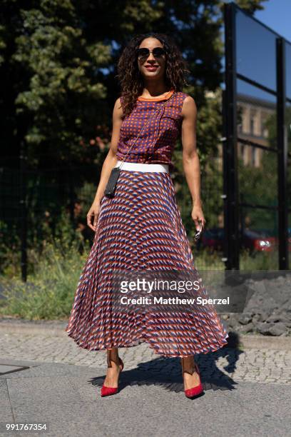 Annabelle Mandeng is seen attending Maison Common wearing Maison Common during the Berlin Fashion Week July 2018 on July 4, 2018 in Berlin, Germany.