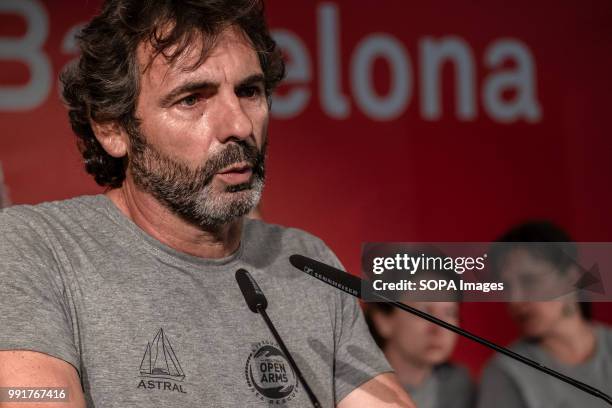 Óscar Camps, leader of ProActiva Open Arms is seen during the press conference. Following the arrival in Barcelona of the rescue vessel Open Arms,...