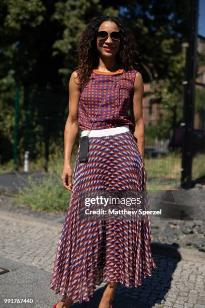 Annabelle Mandeng is seen attending Maison Common wearing Maison Common during the Berlin Fashion Week July 2018 on July 4, 2018 in Berlin, Germany.