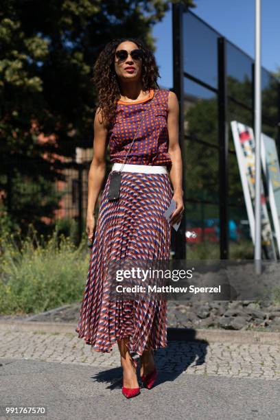 Annabelle Mandeng is seen attending Maison Common wearing Maison Common during the Berlin Fashion Week July 2018 on July 4, 2018 in Berlin, Germany.