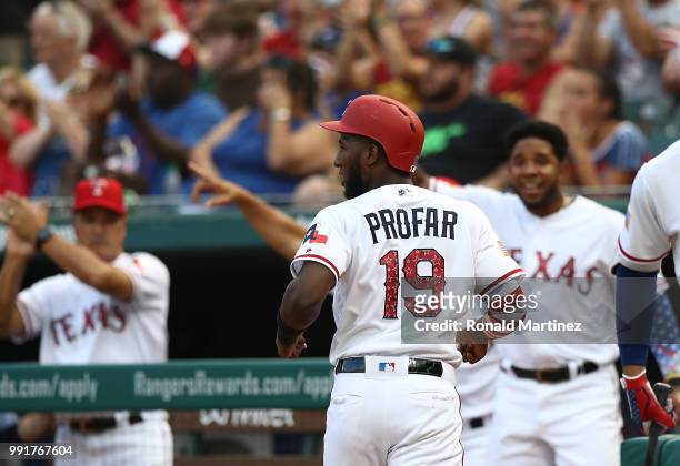 Jurickson Profar of the Texas Rangers scores a run against the Houston Astros at Globe Life Park in Arlington on July 4, 2018 in Arlington, Texas.