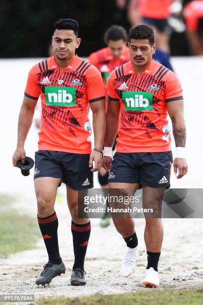 Stephen Perofeta and Augustine Pulu arrive for a Blues Super Rugby training session at Blues HQ on July 5, 2018 in Auckland, New Zealand.
