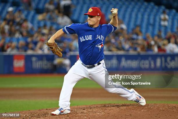 Toronto Blue Jays Pitcher Aaron Loup pitches during the regular season MLB game between the New York Mets and Toronto Blue Jays on July 4, 2018 at...
