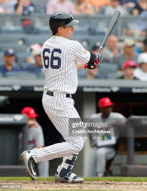 Kyle Higashioka of the New York Yankees in action against the Atlanta Braves at Yankee Stadium on July 4, 2018 in the Bronx borough of New York City....