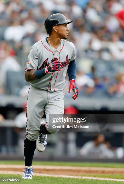 Johan Camargo of the Atlanta Braves in action against the New York Yankees at Yankee Stadium on July 4, 2018 in the Bronx borough of New York City....