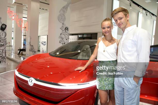 Sonja Gerhardt and Timur Bartels during the exhibition preview of 'Driving Vizzions to Reality' at DRIVE. Volkswagen Group Forum on July 4, 2018 in...