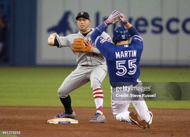 New York Mets second baseman Asdrubal Cabrera tries to turn a double play as Toronto Blue Jays catcher Russell Martin bears down as the Toronto Blue...