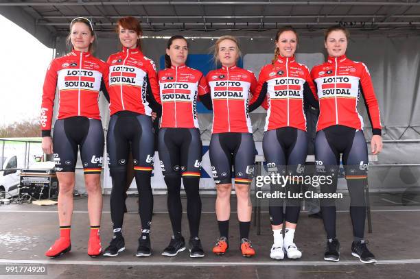 12Th Omloop Het Nieuwsblad 2017, Womenstart, Podium, Team Lotto Soudal Ladies / Lotte Kopecky / Annelies Dom / Kaat Van Der Meulen / Jessie Daams /...