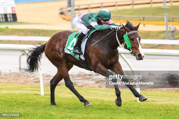 Jealous Tycoon ridden by Jye McNeil wins the Browns Sawdust & Shavings 3YO Fillies Maiden Plate at Cranbourne Racecourse on July 05, 2018 in...