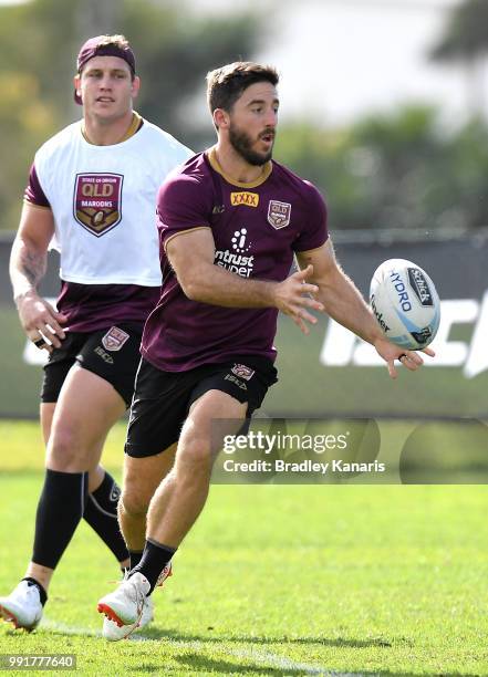 Ben Hunt passes the ball during a Queensland Maroons State of Origin training session at Sanctuary Cove on July 5, 2018 in Gold Coast, Australia.