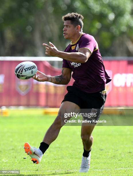 Dan Gagai passes the ball during a Queensland Maroons State of Origin training session at Sanctuary Cove on July 5, 2018 in Gold Coast, Australia.