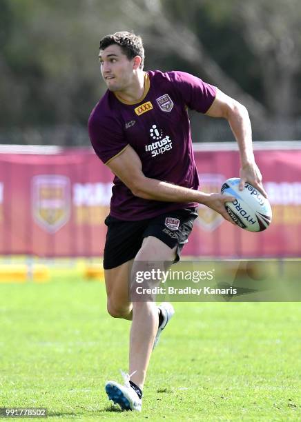 Corey Oates looks to pass during a Queensland Maroons State of Origin training session at Sanctuary Cove on July 5, 2018 in Gold Coast, Australia.