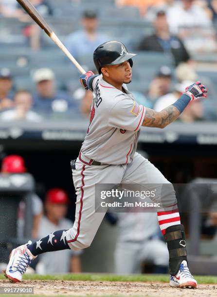 Johan Camargo of the Atlanta Braves in action against the New York Yankees at Yankee Stadium on July 4, 2018 in the Bronx borough of New York City....